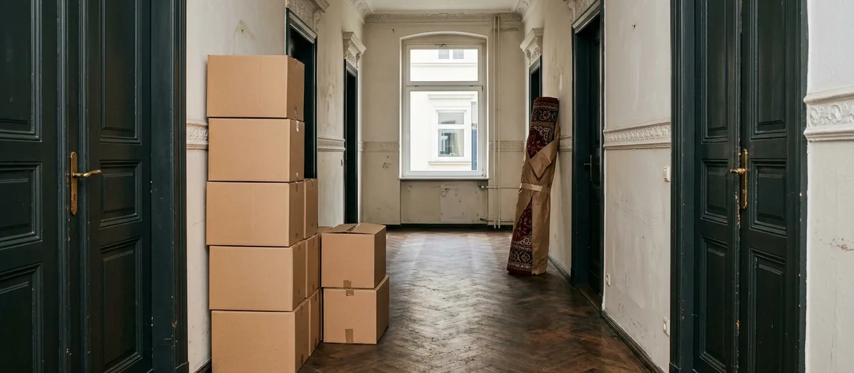 Langer hoher Altbauflur mit Stuckleiste, Flügeltüren und abgelaufenem Parkett, acht braune Kartons in zwei Stapeln an der Wand, in der Ecke ein gerollter Teppich