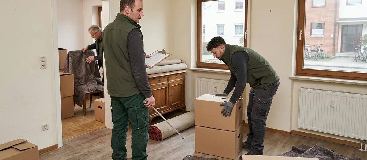 Ein Mann mit Klemmbrett und Bandmaß steht in einem halb leeren Wohnzimmer und zählt die Möbel für das Aufmaß