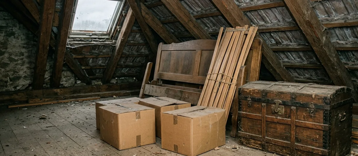 Braune Kartons, eine alte Holztruhe und ein zerlegtes Bettgestell stehen unter freiliegendem Dachgebälk auf einem staubigen Speicher, graues Licht fällt durch eine kleine Dachluke