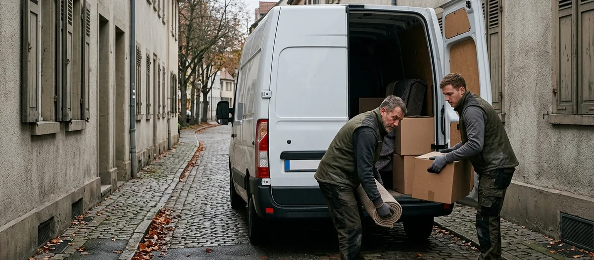 Weißer Kastenwagen mit eingeklappten Außenspiegeln und offenen Hecktüren, rückwärts in eine schmale Altstadtgasse eingefahren, die Hauswände stehen dicht an beiden Seiten