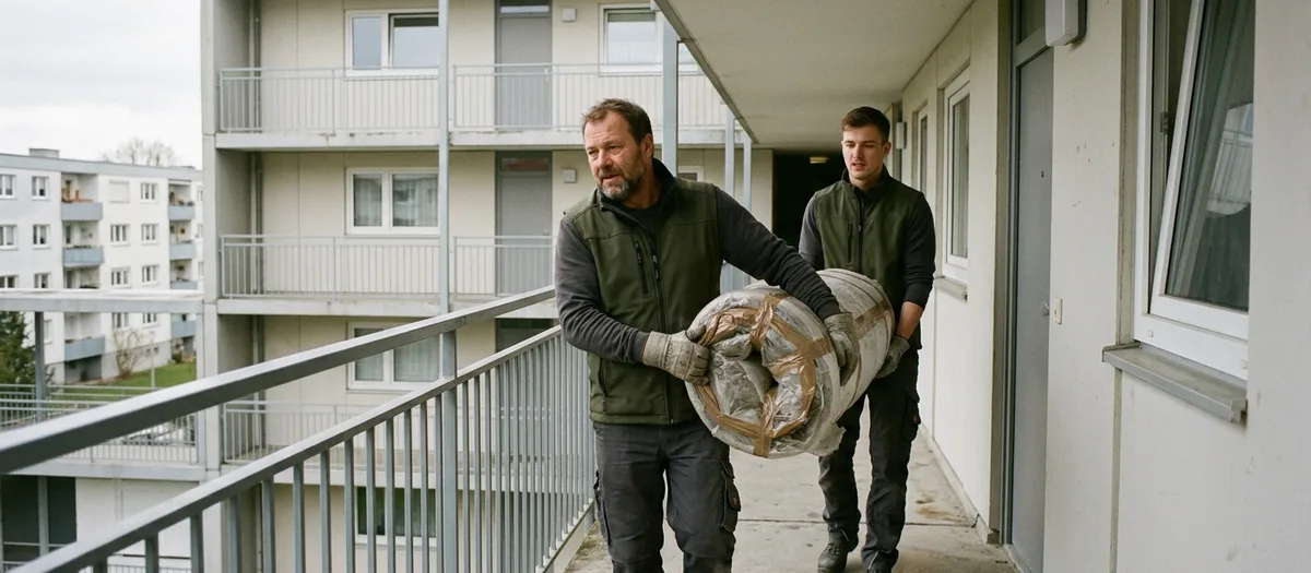Ein Träger balanciert eine gerollte und verklebte Matratze über den offenen Laubengang eines Nachkriegsblocks
