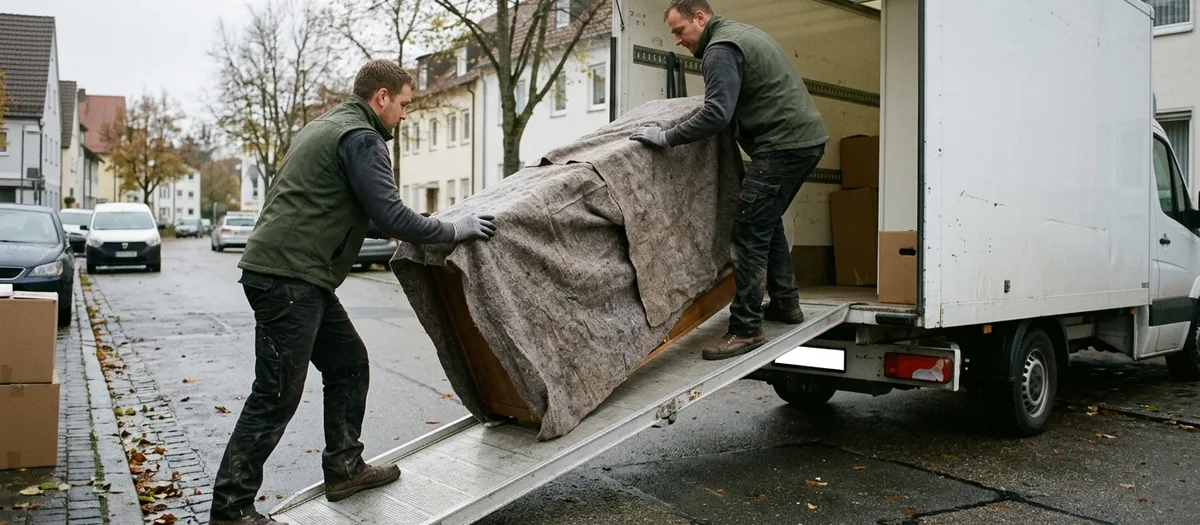 Zwei Träger schieben einen eingedeckten Kleiderschrank über die Aluminiumrampe in den Kofferwagen