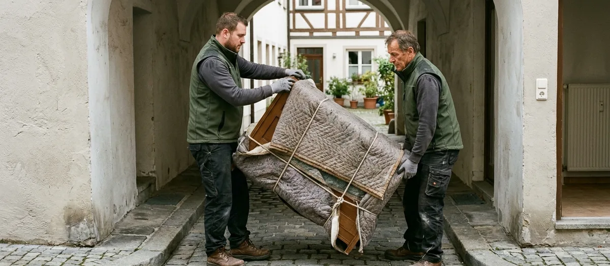 Zwei Träger drehen einen in Decken gehüllten Schrank schräg, um ihn unter einer niedrigen gewölbten Torbogen-Durchfahrt hindurch in den Innenhof zu bringen