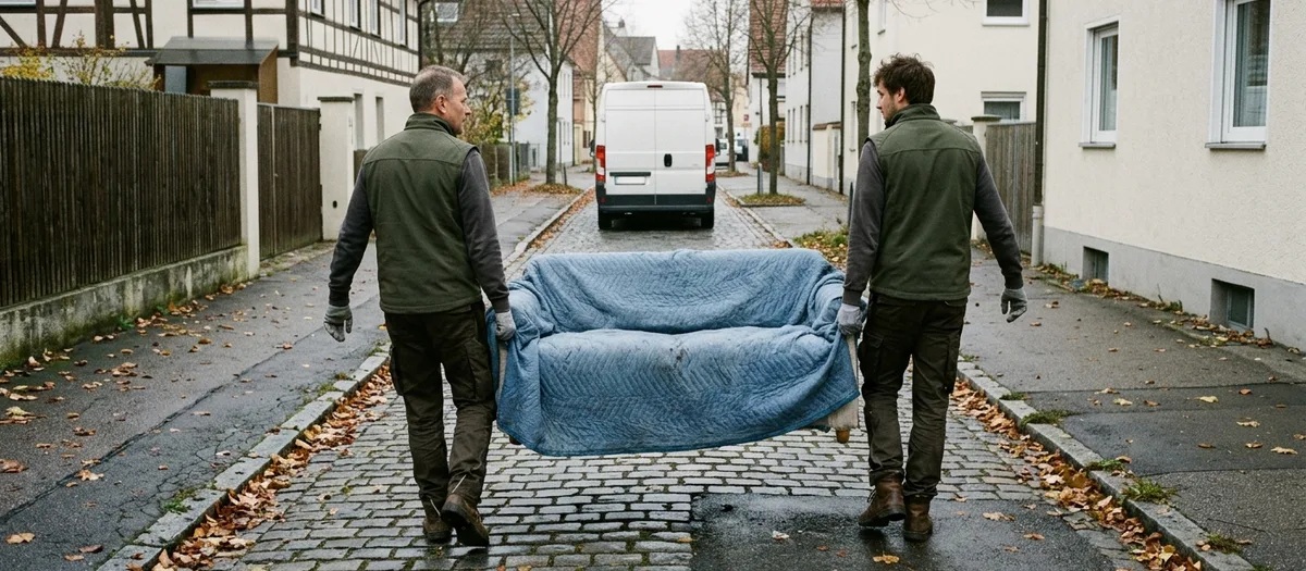 Zwei Träger bringen ein eingedecktes Sofa über eine lange Kopfsteingasse zu einem weit entfernt an der Ecke geparkten Kastenwagen