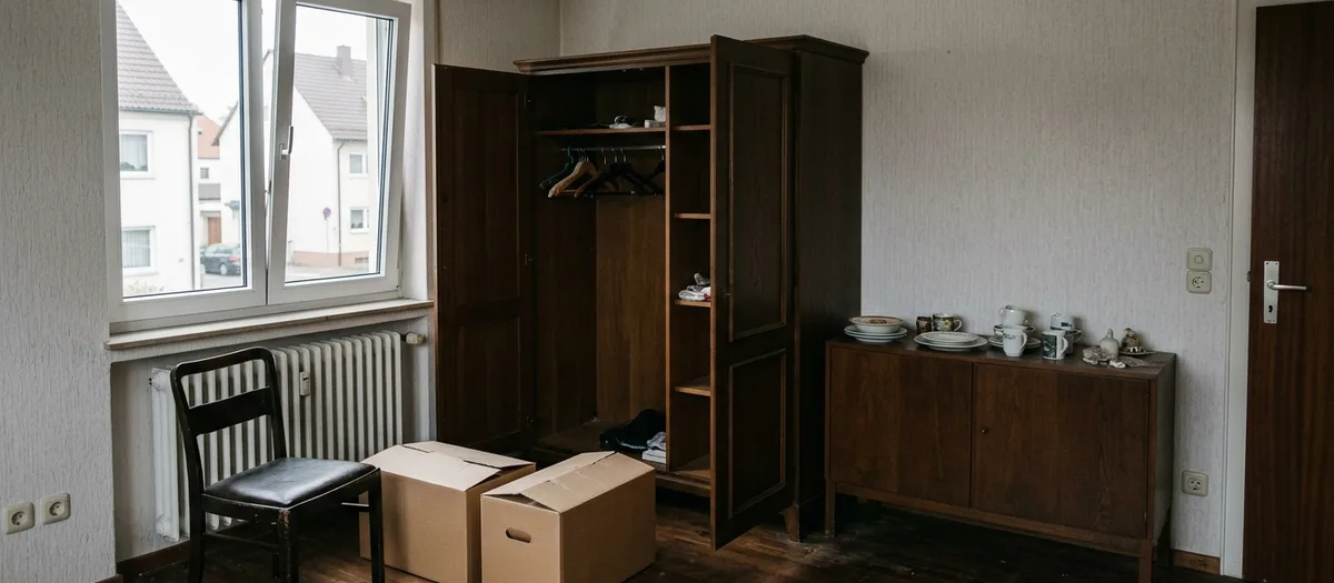 Ein noch möbliertes Zimmer einer älteren Wohnung wird geleert: der dunkle Holzschrank steht mit offenen Türen halb ausgeräumt neben Stuhl und Anrichte mit Geschirr, davor zwei gefüllte braune Kartons