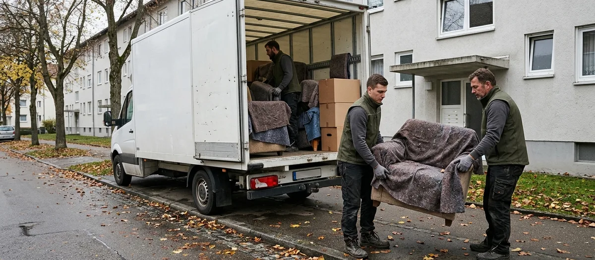 Kofferwagen am Bordstein vor dem Hauseingang einer viergeschossigen Nachkriegszeile, Hecktüren offen, der Laderaum zur Hälfte mit eingedeckten Möbeln beladen