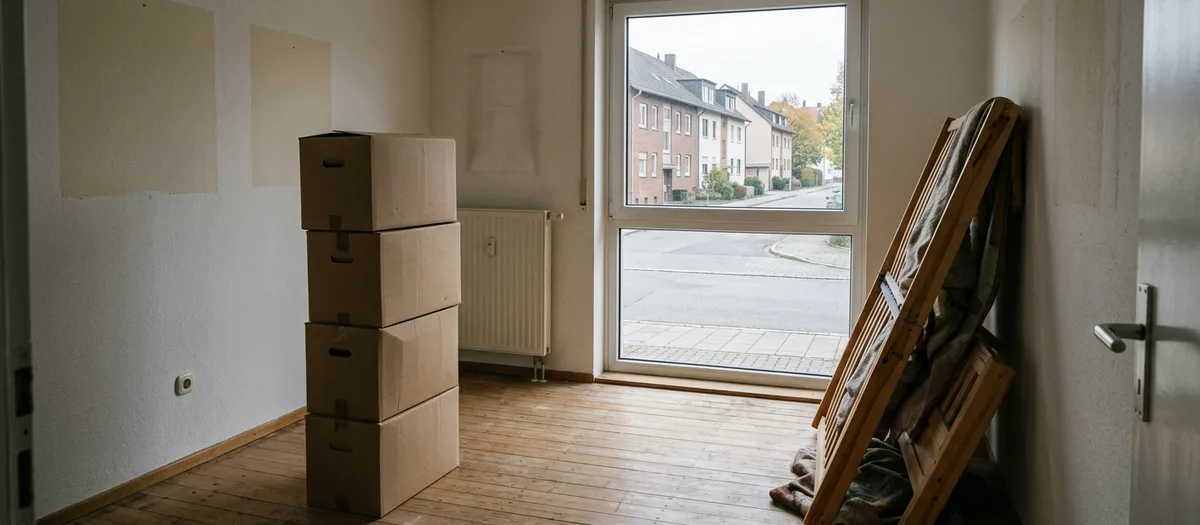 Leer geräumtes Zimmer mit blanken Dielen und hellen Rechtecken an der Wand, wo Bilder hingen, daneben ein Stapel von fünf braunen Kartons und ein zerlegtes Bettgestell am Fenster